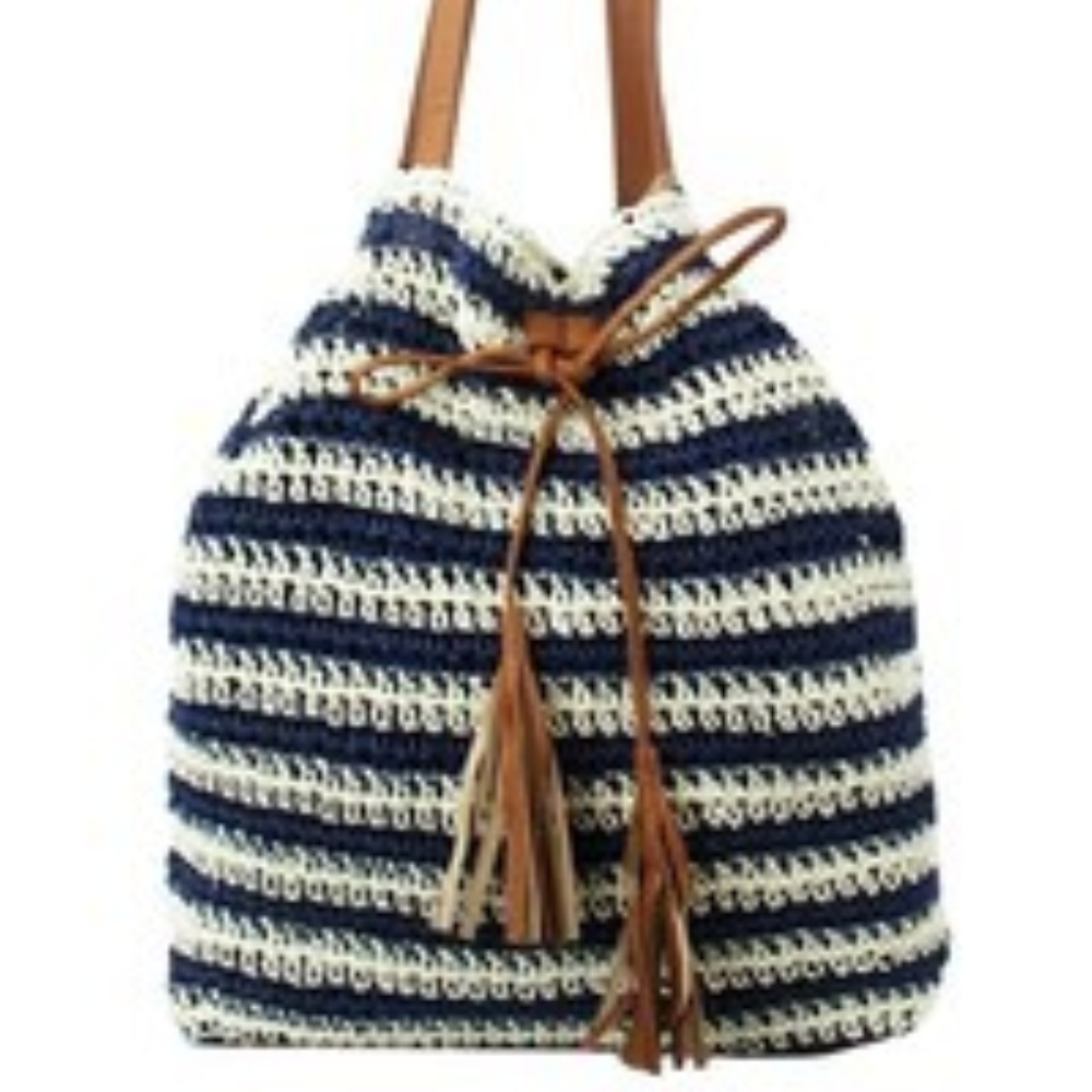 Navy Blue and Cream Woven Drawstring Handbag